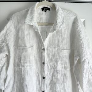 Aakaa White Gauze Button Down Shirt Raw Hem Roll Tab Sleeves M 100% Cotton